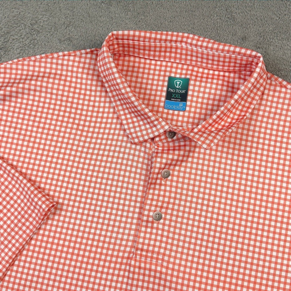 Pro Tour Coolplay Mens XXL Orange White Gingham Golf Polo Shirt Short Sleeve